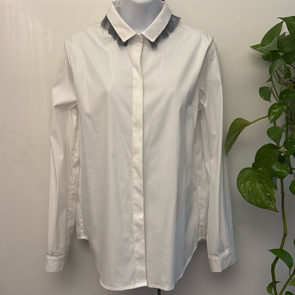 Fabiana Fillipi white organic cotton stretch long sleeve shirt w/ fancy collar L